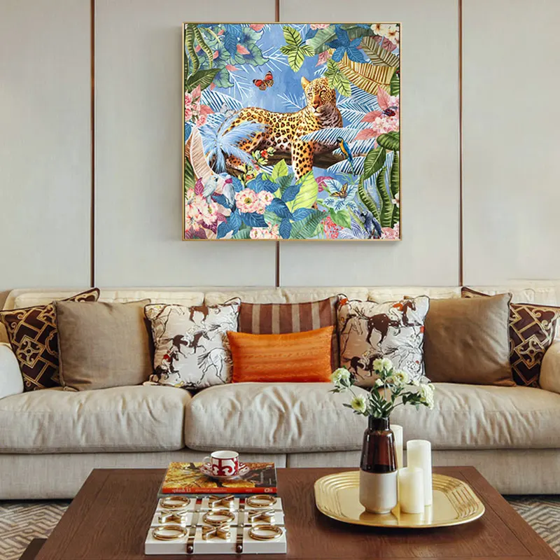 Современный леопардовой расцветки с цветами Холст Картина печатный плакат Декор