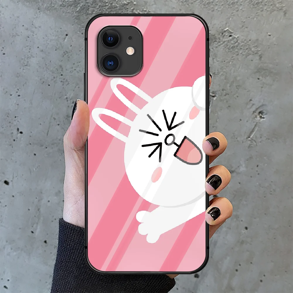 

LINE FRIENDS Cartoon image rabbit Phone Tempered Glass Case Cover For IPhone 6 6S 7 8 11 12 X Xr Xs Se 2020 Pro Max Plus Mini