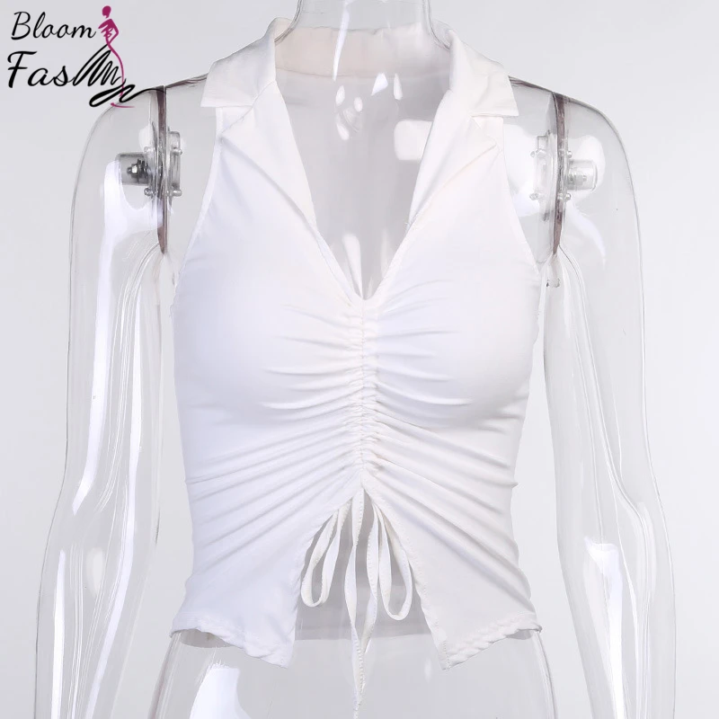 

S-L 3 Size Sleeveless Turn Down Collar Tanks Womens Deep V Neck Wear Lace-up Navy Top Shirring OL Style Ladies Outwear Outfits