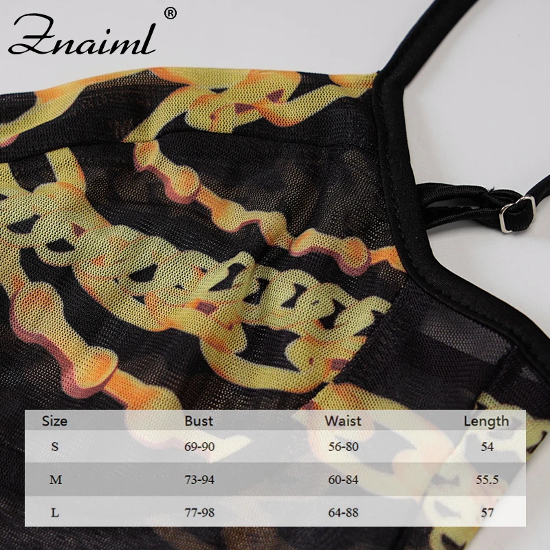 

Znaiml Fashion Summer Chain Print Women Strap Bodysuit Mesh Sheer See Through Bodycon Sexy Streetwear Party Club Body Romper