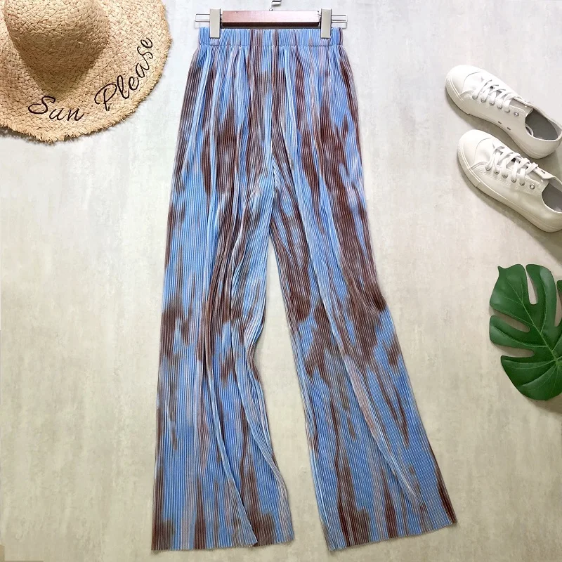 

2021 New Women Elastic Waist Fashion Painting Tie-dye Printing Wide Leg Loose Casual Pleated Long Pants High Waist Vintage