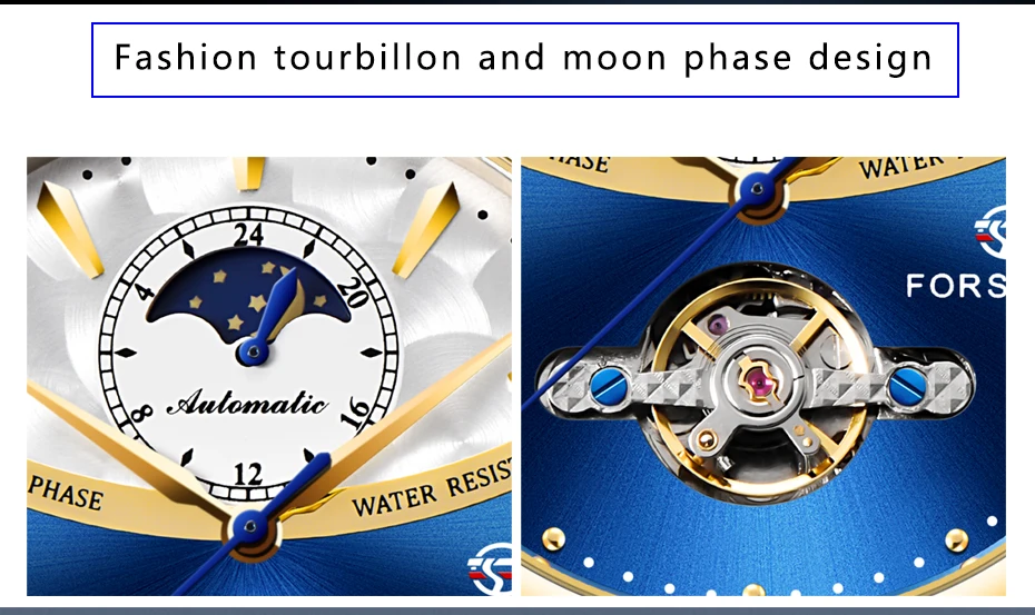 Forsining Tourbillon синие автоматические часы мужские классические Moonphase Дизайн Натуральная кожа Ремешок Водонепроницаемый Бизнес наручные часы подарок