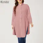Однотонная Туника TopCasual, свободные блузы ZANZEA, Женская длинная рубашка с воротником-стойкой, осенняя хлопковая блузка на пуговицах с длинным рукавом