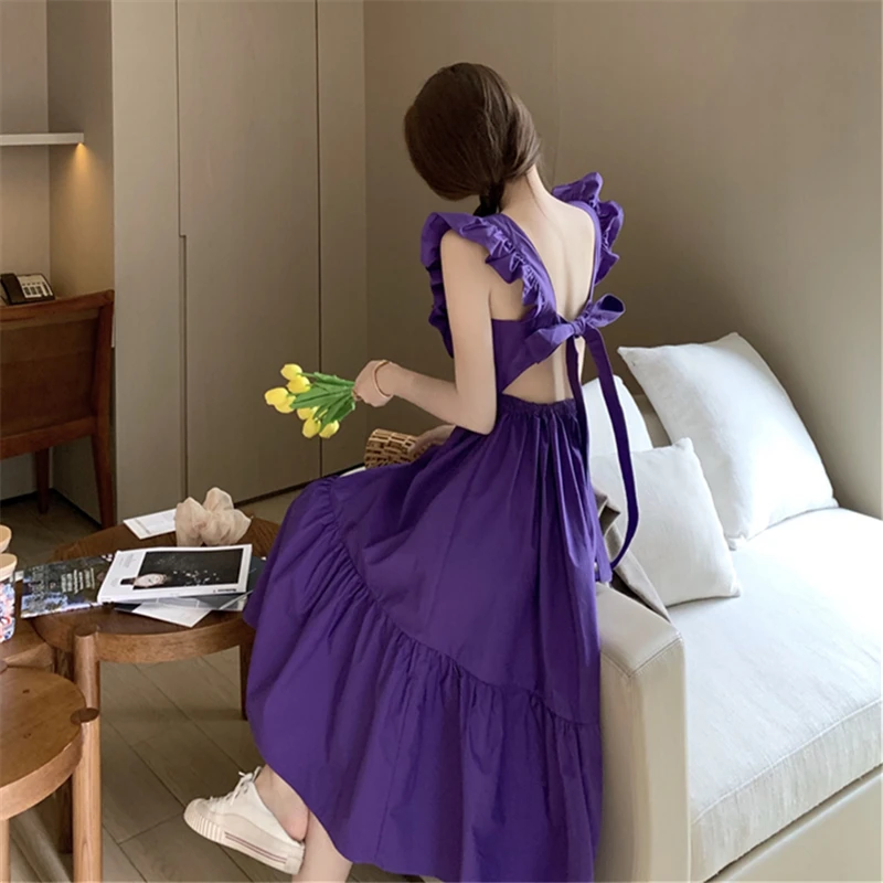 

Japanese Mori girl sweet ruffles sleeveless dress hollow out backless dresses sexy 2021 new dress with open back