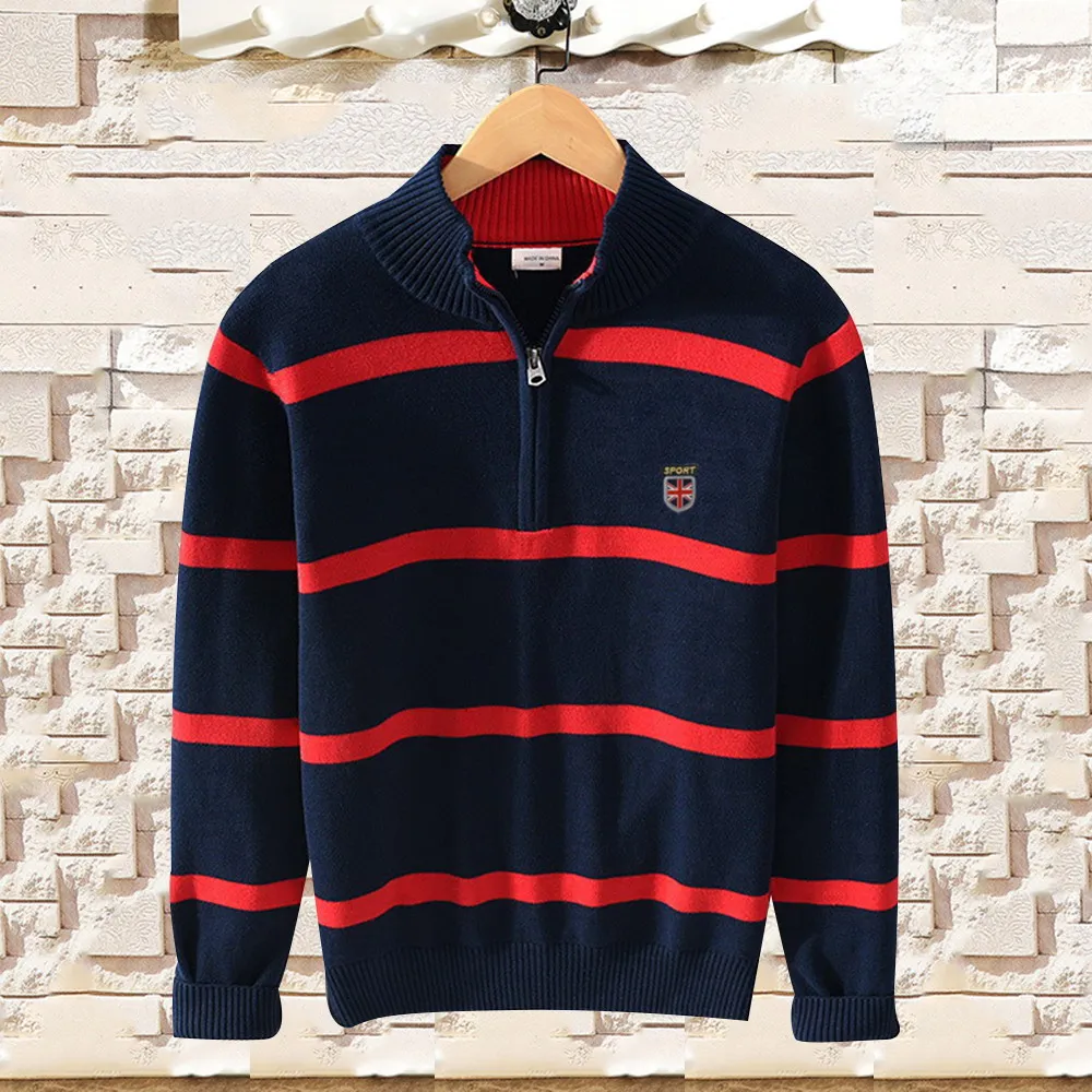 

Top Quality 100% Cotton Autumn Winter New Design Stripe MensTurtleneck Sweaters Casual Thick QuarterZipper Knitted Male Coats