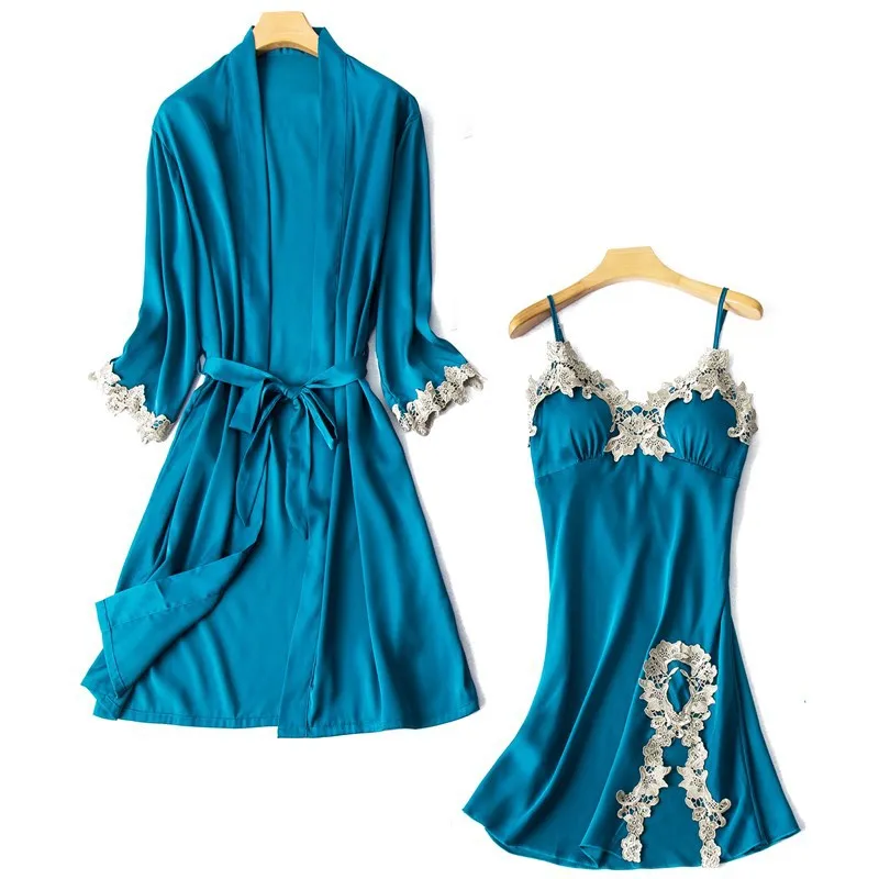 

Kimono Bathrobe Gown Lace Trim Nightgown Suit Wedding Robe Set Women Sexy Sleepwear Suspender New Spring Summer Loose Home Dress