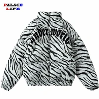 men parka jacket zebra print embroidery harajuku jacket cotton padded zipper parka coats winter streetwear warm tops outwear