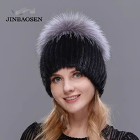 jinbaosen hot sale fashion winter warm women knit caps mink hats with fox fur vertical woven top