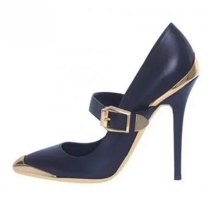 

Dark Blue Gold Metal Toe Patchwork Ankle Buckle High Heel Shoes Woman Sexy Party Pointed Toe Stiletto 10 cm Heel Shallow Pumps