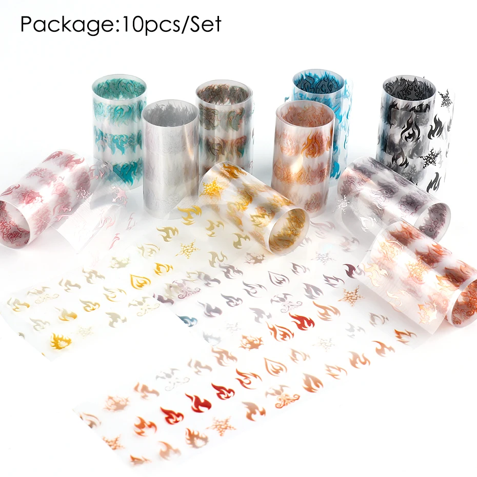 

10pc Holographic Fire Flame Nail Foils Gold Black Laser Transfer Sticker Slider DIY Manicure Decal Nail Art Decorations TRB122-1