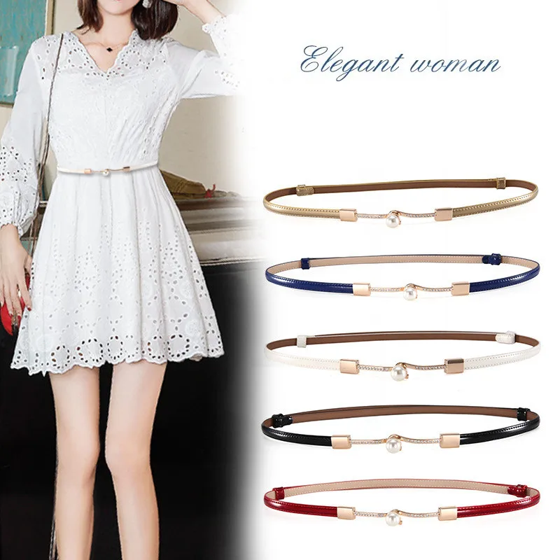 Skinny Women Belt 2019 New Cowhide Belts Adjustable Dress Waist Strap Designer Shiny Pearl Buckle Fashion Belt Fit 55cm~92cm