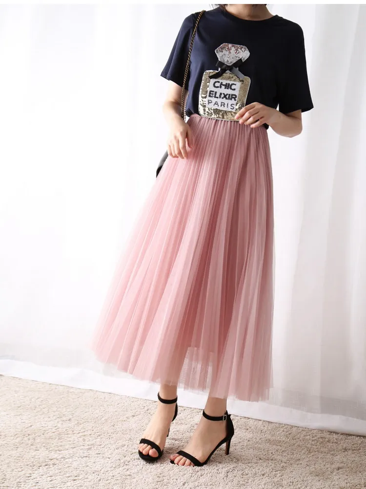 Весенняя летняя винтажная юбка Женская эластичная юбка из тюля с высокой талией длинная Плиссированная Юбка-пачка Женская юбка Jupe Longue