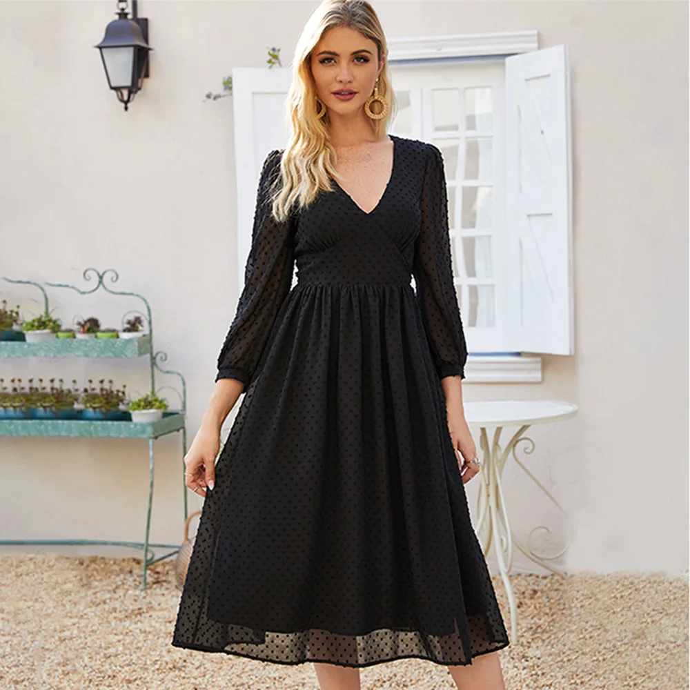 

Donsignet Fashion Spring Autumn New Women's Dress Small Floral Long Sleeve Sexy V-neck Casual Mid Long Mid-Calf Chic Vestidos