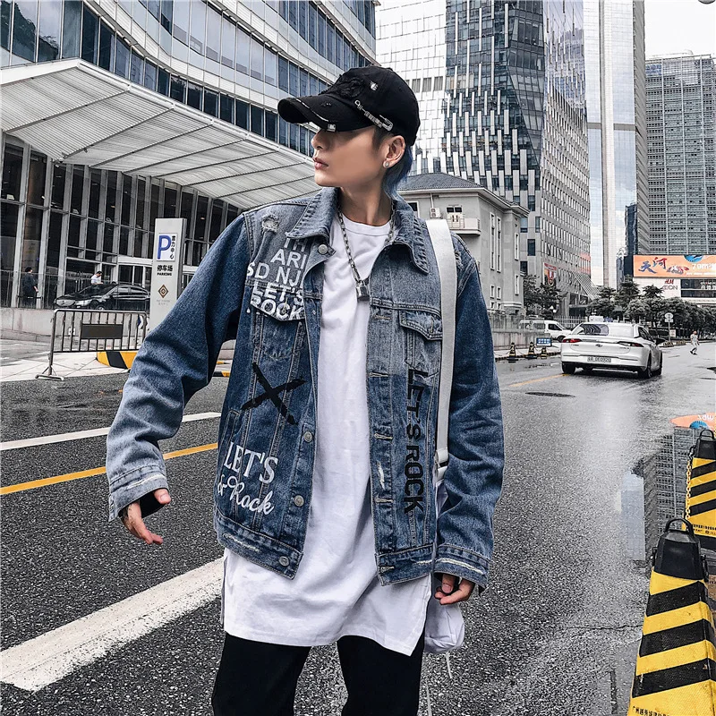 

2019 Mens Denim Bomber Jackets Ripped Holes Vintage Gothic Letter Embroidery Short Jacket Jeans Distressed Streetwear Hip Hop