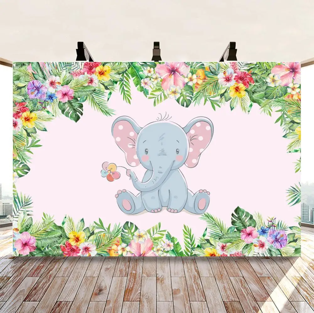 

Spring Jungle Forest Cute Little Elephant Baby Shower Photography Backdrops Floral Pattern Girl Birthday Photo Backgrounds