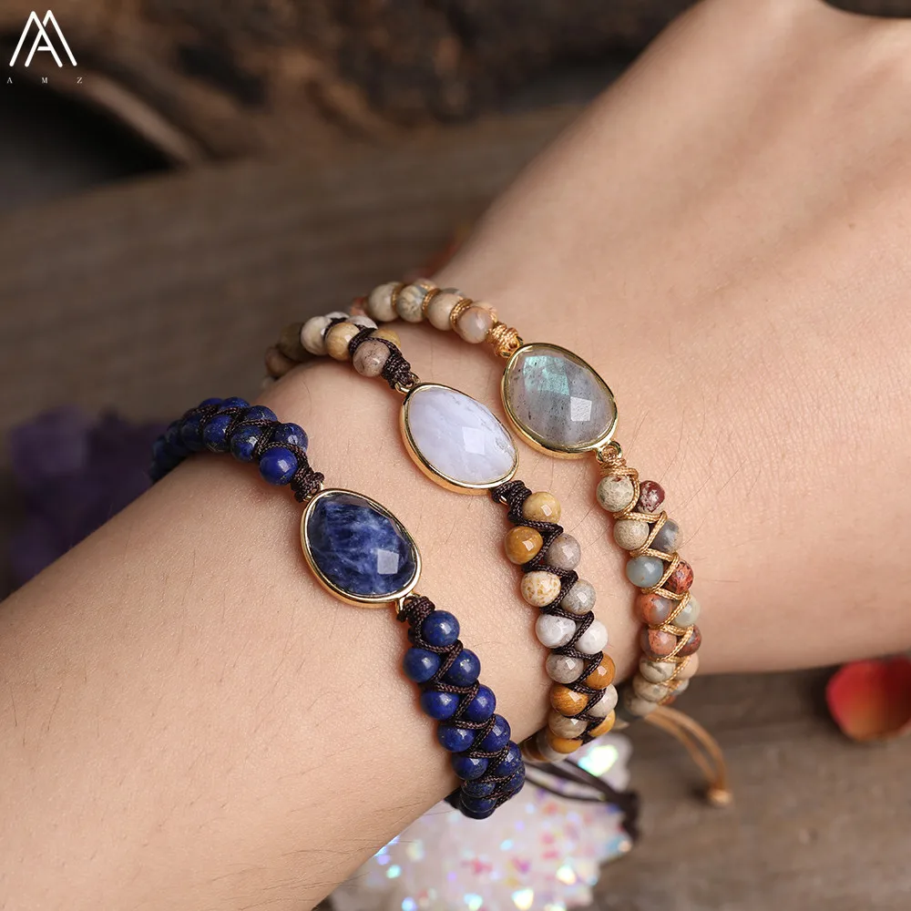 

Natural Stone Oval Charms Bracelet 4mm Flower Fossils Stone Snakeskin Jaspers Beads Braided Bracelet Women Friendship Bracelet