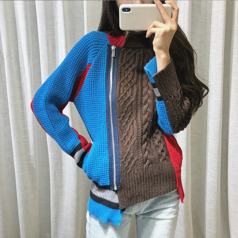 LANMREM Contrast Color Stitching Round Neck Long Sleeve Zipper Irregular Woman Sweater Casual Fashion 2020 Spring New TV296 | Женская