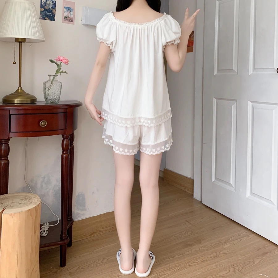 

white ruffles thin princess homewear short sleeve summer pajama set tops shorts 2 piece set girls japan sleepwear home suit Y886