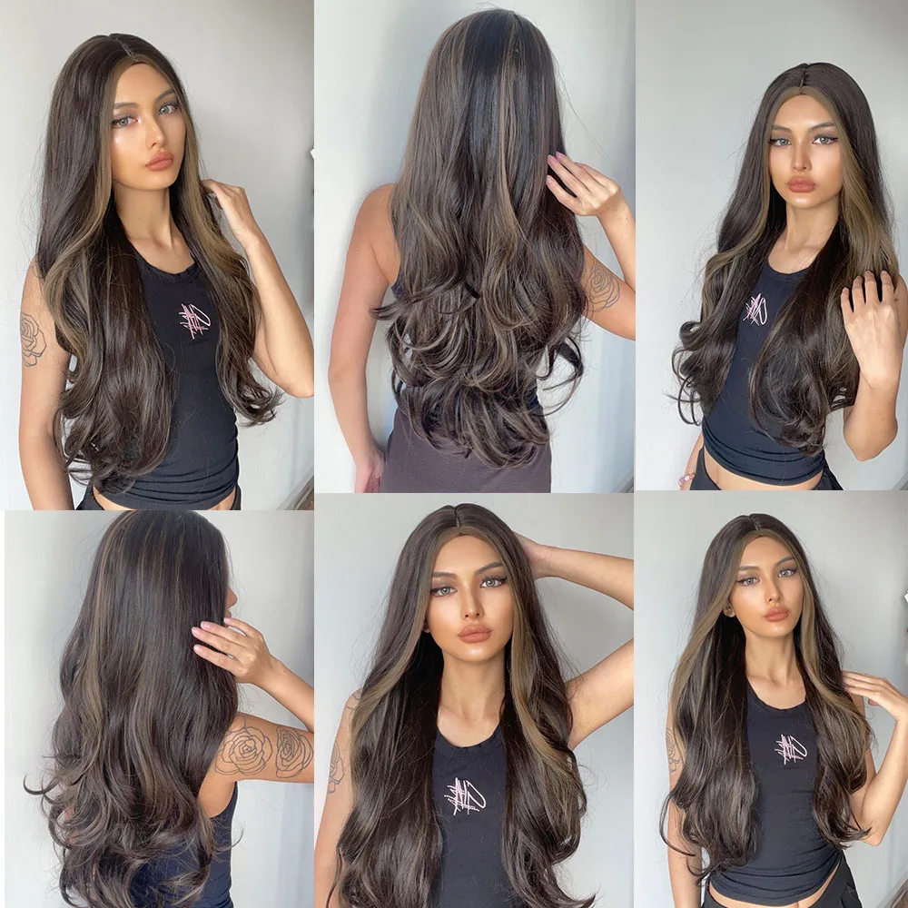 HENRY MARGU Long Wavy Synthetic Wigs for Women Dark Brown Blonde Highlights Natural Hair Daily Cosplay Party Heat Resistant Wigs