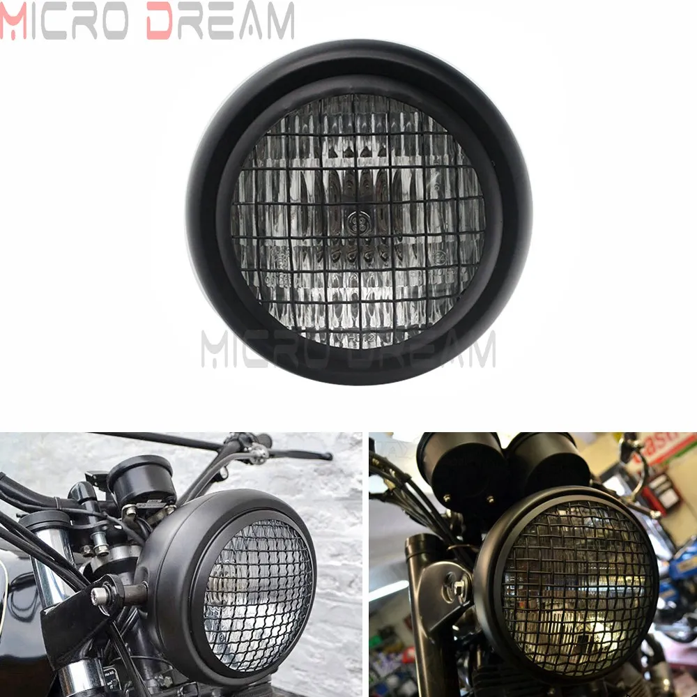 

Мотоциклетный налобный фонарь Cafe Racer, ретро фара 12 В, сетчатый гриль, фара ближнего и дальнего света для Harley Chopper Bobber Scrambler Honda NX