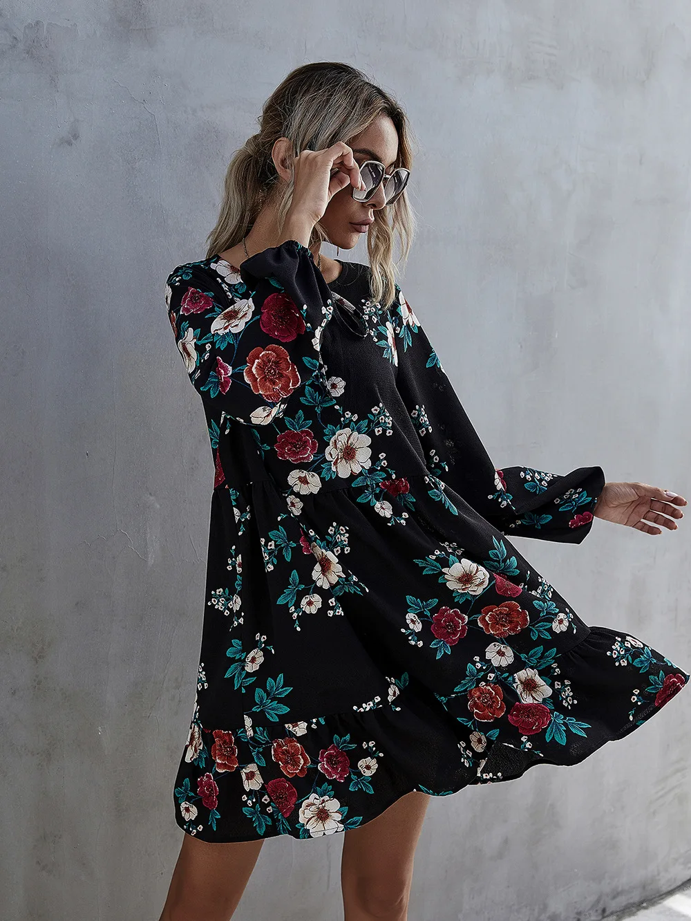 

Spring Autumn New Neckline Cross Bandage Bubble Long Sleeve Women Dress Round Neck Print Ruffle Dresses For Women's Plus Size