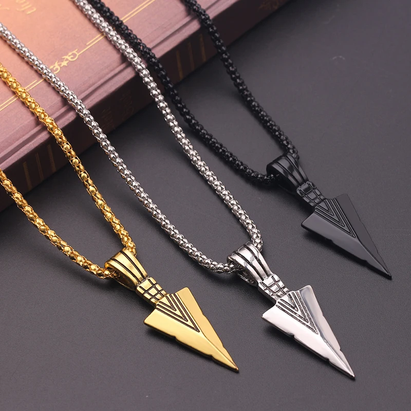 

Men's Fashion Jewelry Black Gold Silver color Arrow Head Pendant Long Chain Necklaces mens necklaces Collier Femme ArrowHead