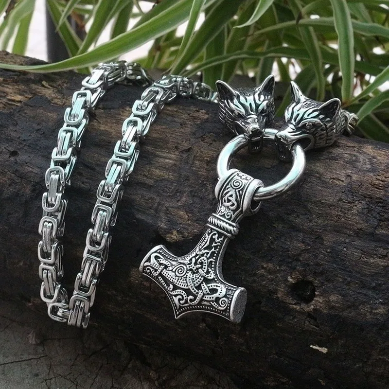 

Fashion Domineering Viking Thor's Hammer Wolf Head Stainless Steel Necklace Pendant Men's Atmospheric Trend Jewelry