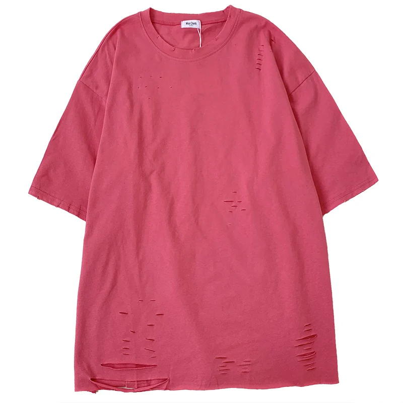 

Street hole rose red summer o neck loose thin mid-length short-sleeved T-shirt