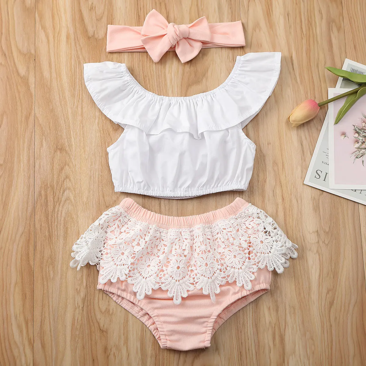 

Emmababy Newborn Baby Girl Clothes Summer Solid Color Off Shoudler Ruffle Tops Lace Short Pants Headband 3Pcs Outfits Sunsuit