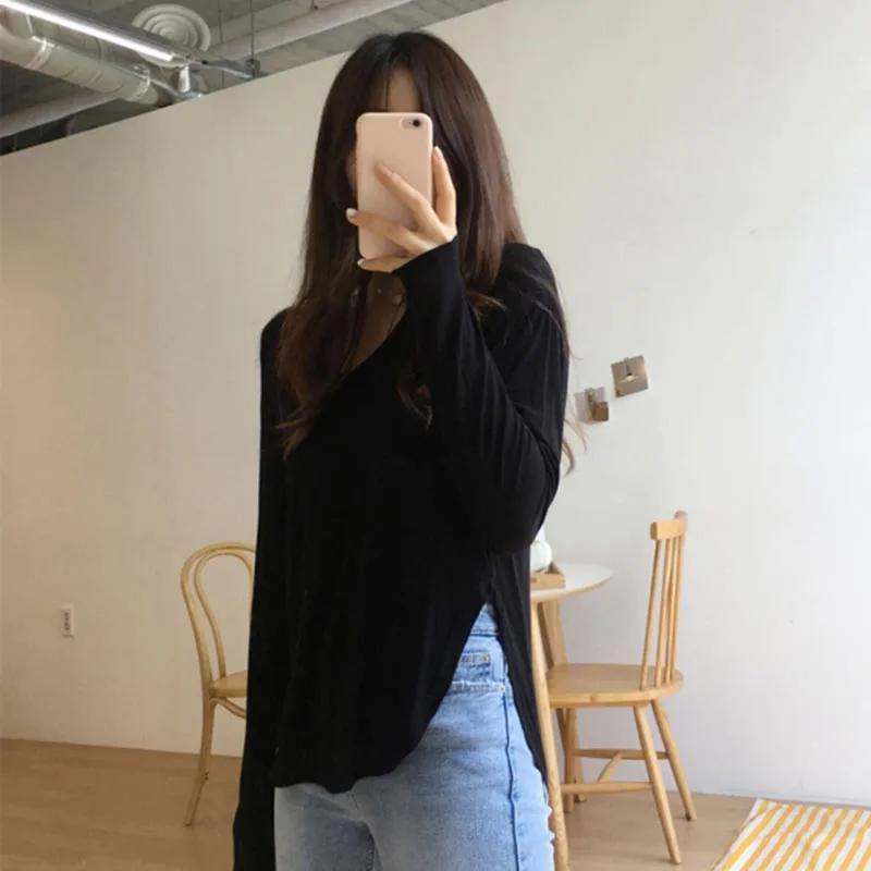 Black Spring T-Shirts Women Split Korean Slim Tops Casual Solid V-Neck Shirts Long Sleeve Cotton Vintage Autumn tshirts X705 | Женская