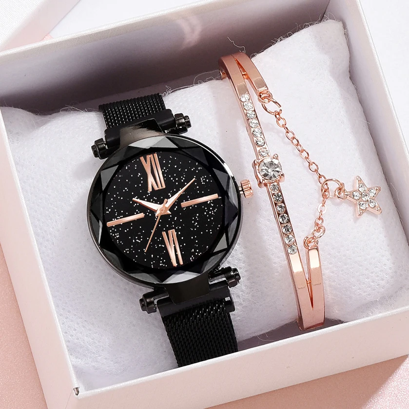 Женские кварцевые наручные часы с браслетом звездное небо розовое золото