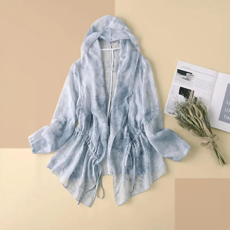 

Shuchan Summer Tie Dye Hooded Women Shirt Beach Style Print Ramie Tunic with Long Sleeves Thin Stylish Female Blouses