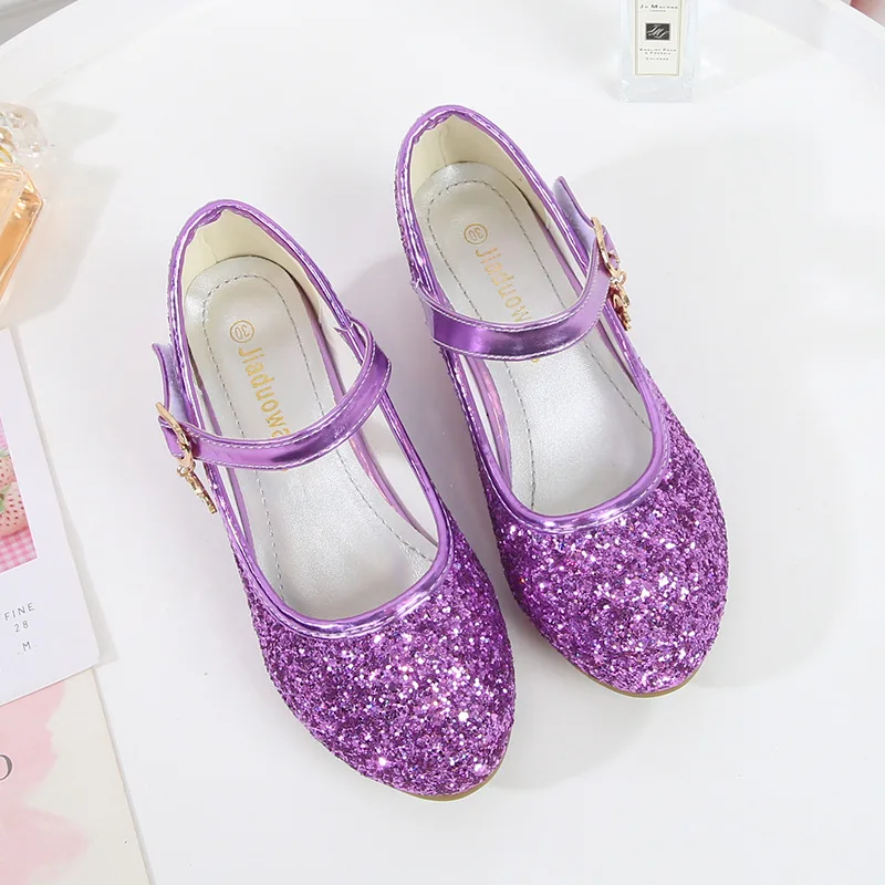 ULKNN Kids High Heel Shoes Girls Leather Shoes Flower Casual Pink Glitter Children 2021 Girls Shoes Butterfly Knot size 26-38