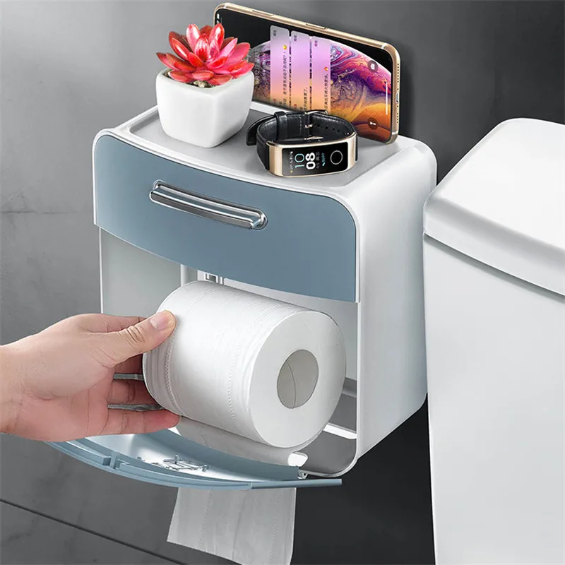 

Waterproof Paper Holder Toilet Tissue Box Creative Roll Paper Box Wall Mounted Plastic Drawer Storage Box Paper Tray Punch Free