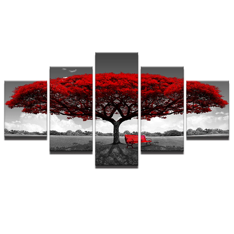 

Home Decor Hd Printed Wall Art Pictures 5 Piece Red Tree Art Scenery Landscape Canvas Painting Home Decor For Living Room