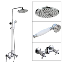 polished chrome brass dual cross handles wall mounted bathroom 8 round rain shower head faucet set bath mixer taps mcy301