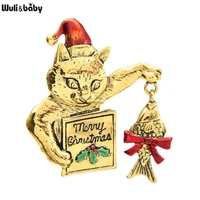 wulibaby christmas cat holding fish and books brooch pins cute animal wearing hat women brooches gift 2021