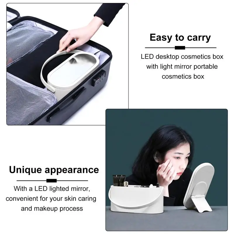 

Travel Makeup Organizer Box Portable Handheld Makeup Case with LED Mirror Portable Make Up Storage Case