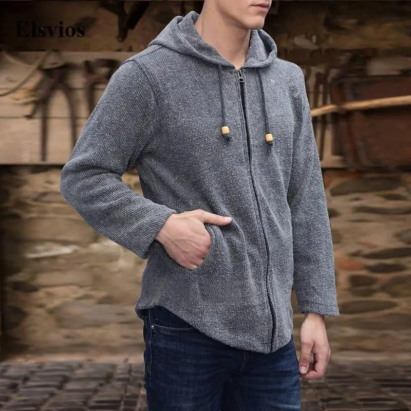 

Мужская повседневная дизайнерская Толстовка на шнурке с карманами и капюшоном, осенняя модная однотонная толстовка на молнии, мужские винт...