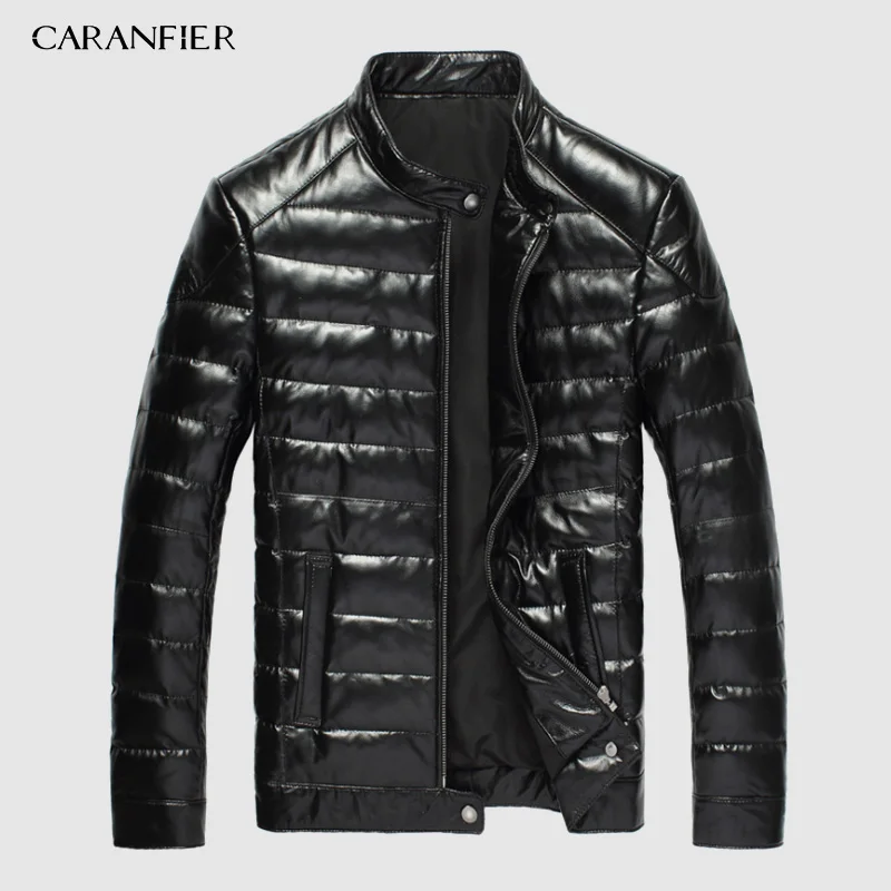CARANFIER мужской пуховик из натуральной кожи Фирменное тонкое пальто из овчины зимнее пальто меховой жакет с вортником стойкой пуховик