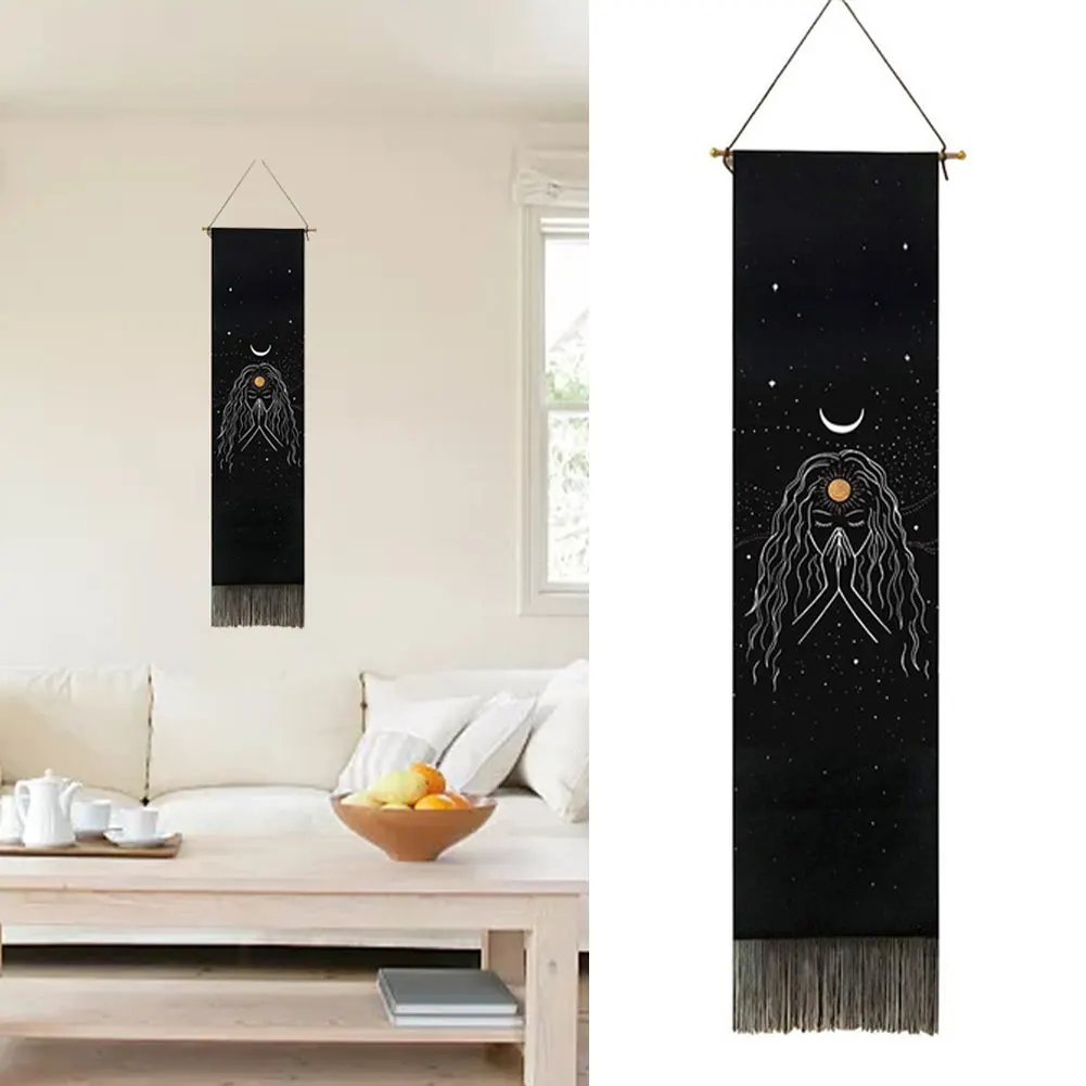 

Vintage Black Bedroom Home Decor Mount Polyester Rope Long Wall Hanging Moon Tapestry Art Tarot Girl Psychedelic Nail