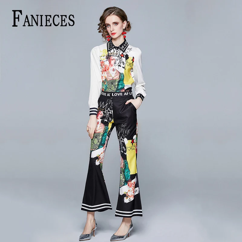 

2021 Spring Fashion Runway Pants Suit Sets Women's Long Sleeve Print Tops Blouses Shirt And Flare Pants Lady Two Pieces Set 2PCS
