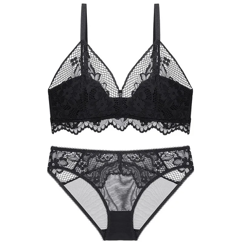 

New Style Sexy Lace Small Bust Gathering Bra Thin Cotton Comfortable No Steel Ring Bra GIRL'S Triangle Cup Underwear Suit