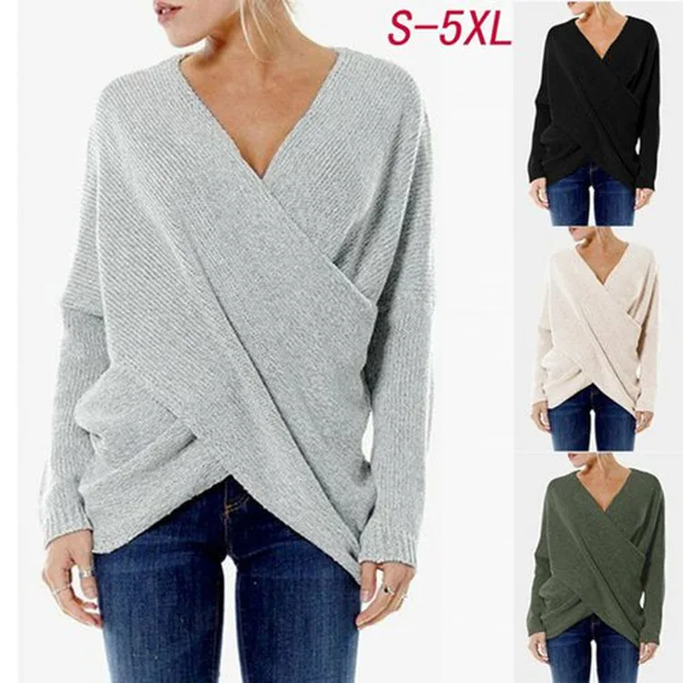 

V-neck Winter Sweaters Women's Fashion Irregular Cross Pullover Thick Warm Loose Basic Pullovers 2021 New Korean Version