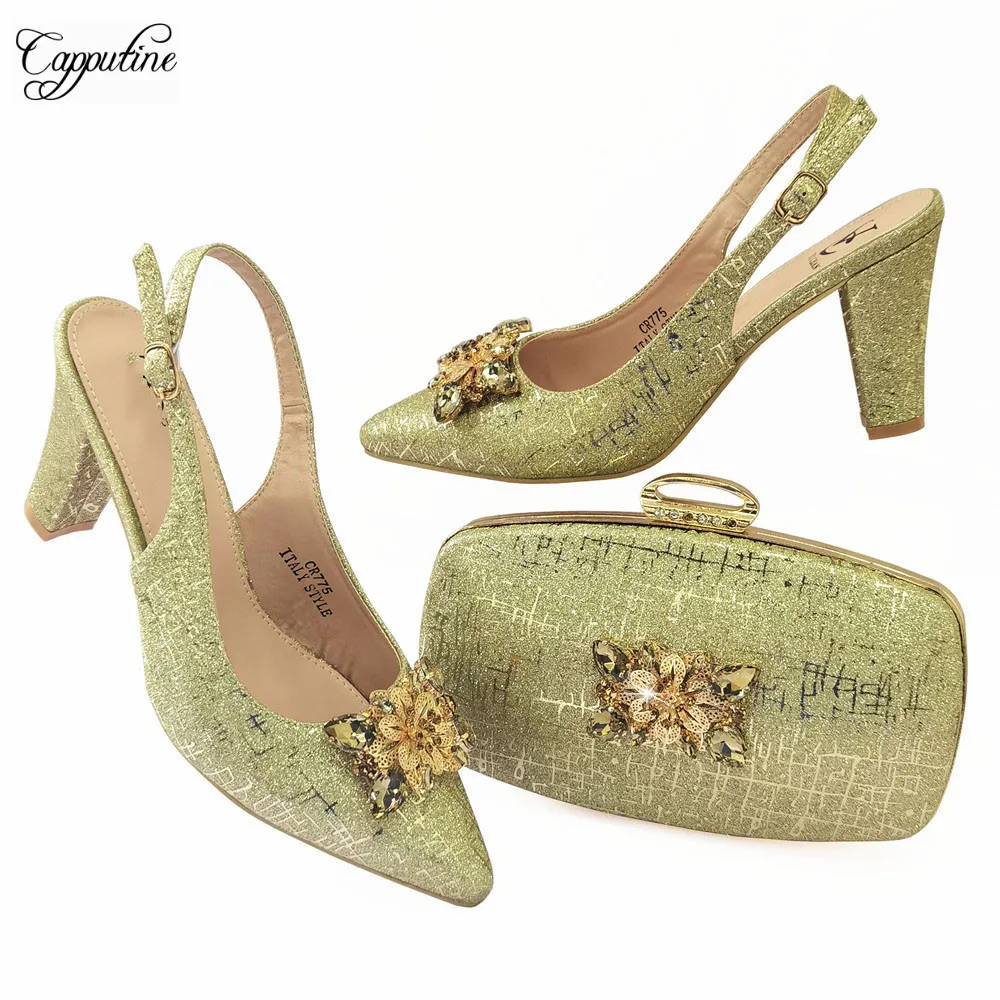 

Gold High Heels Shoes Matching With Purse Bag Set African Women Fashion Pumps And Handbag Clutch Femmes Chaussures CR775 8CM