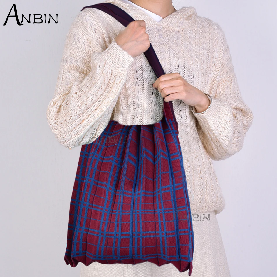 

Women Knitted Wool Shoulder Bag Contrast Color Checked Simple College Students Cloth Winter Warm Woolen Shopping Handbags Tote