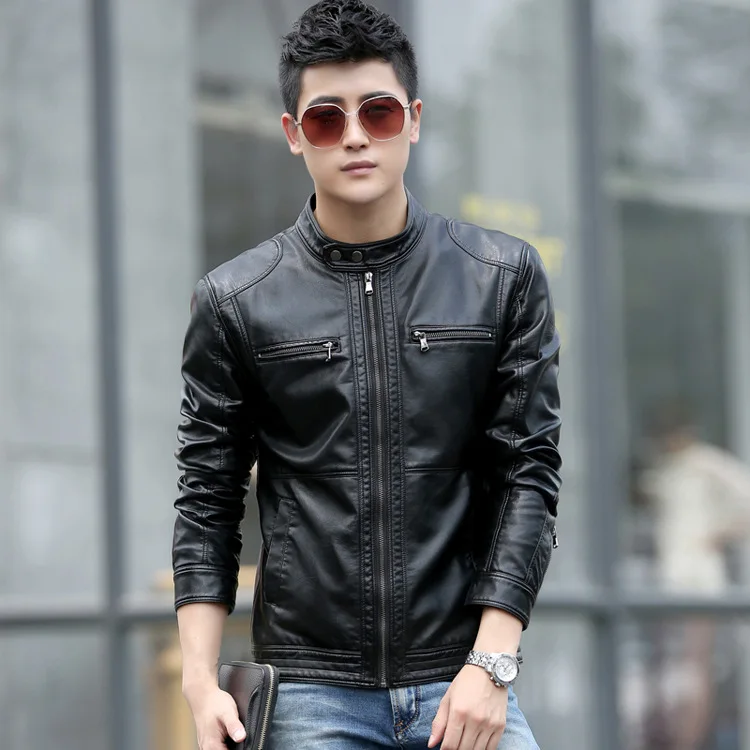 

Kafrandi spring and winter basic leather jacket men's short PU leather jacket Korean slim stand collar leather jacket 8822