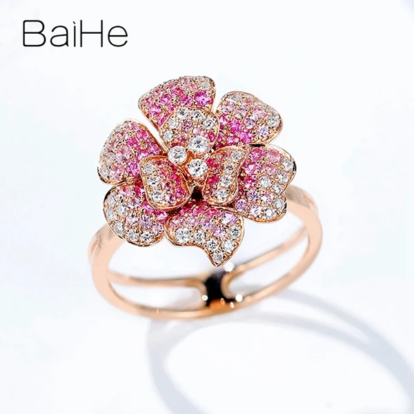 BAIHE Solid 14 к розовое золото 0.55ct натуральный розовый сапфир 0.25ct бриллиантами Для женщин свадебные модные ювелирные украшения цветы кулон кольцо