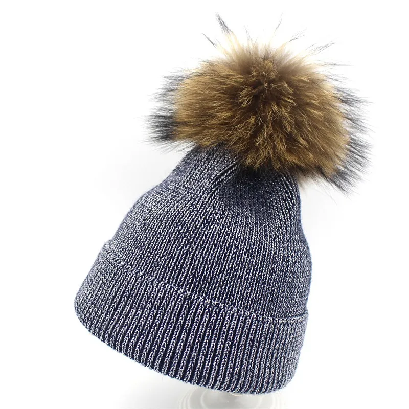 Новинка, модные шапки с натуральным мехом, шапочки с помпоном, шапки skullies, женская зимняя шапка, вязаные шапки touca beanie - Цвет: navy
