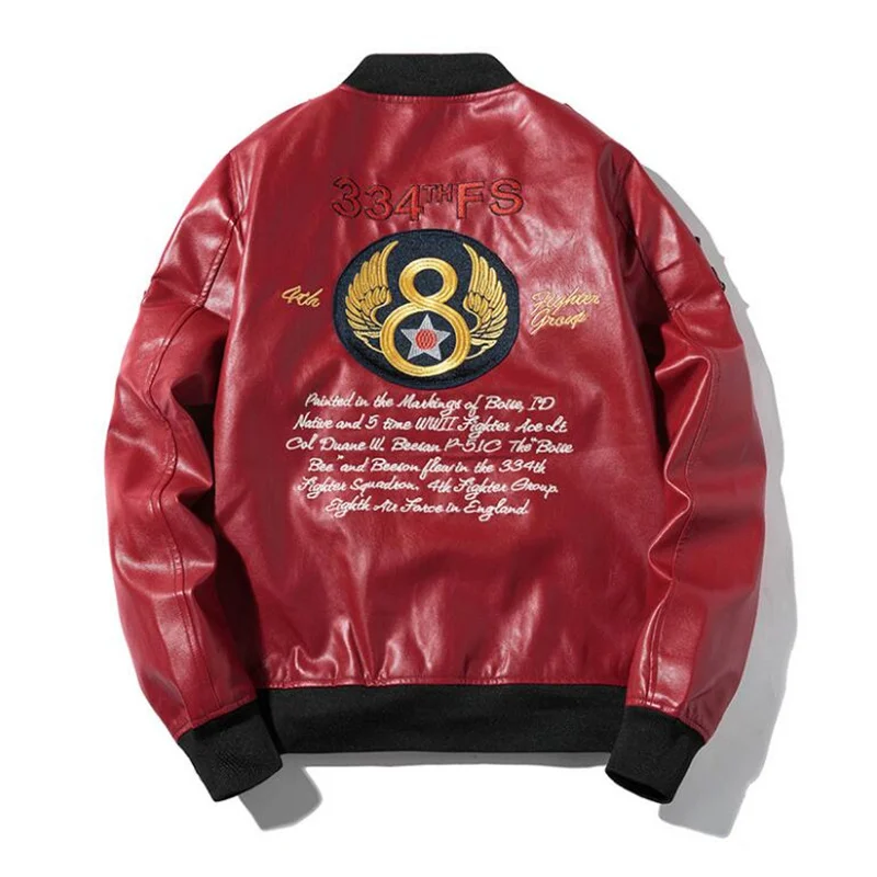 Мужская кожаная куртка на молнии с вышивкой весна-осень | одежда